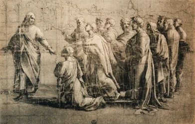 Christus übergibt die Schlüssel an den heiligen Petrus; Zeichnung aus der Schule von Raphael. Gabinetto dei Disegni e delle Stampe, Uffizien, Florenz